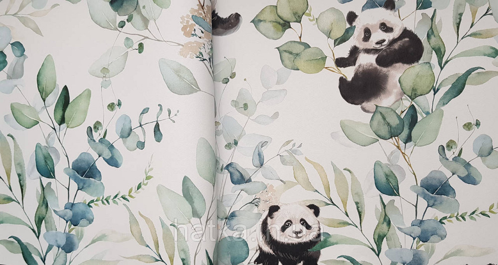 Шпалери флізелінові еко Rasch Kids World 0.53х10 дитячі ведмедики панда зелені листя гілки на білому Київ - фото 1
