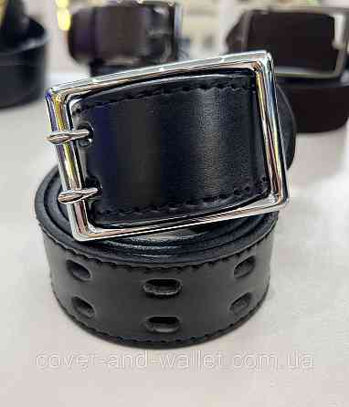 Черный мужской перфорированный ремень с пряжкой на две спицы 40 мм PS Leather Киев