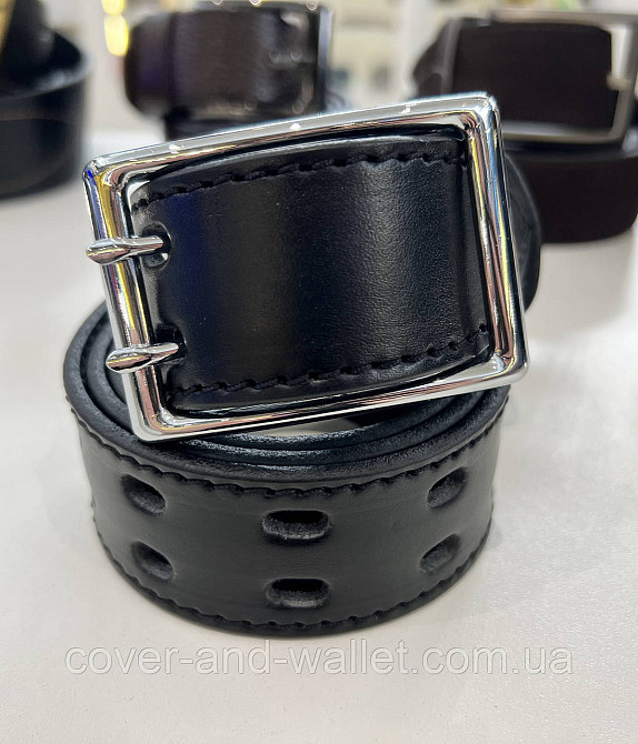 Черный мужской перфорированный ремень с пряжкой на две спицы 40 мм PS Leather Киев - изображение 3