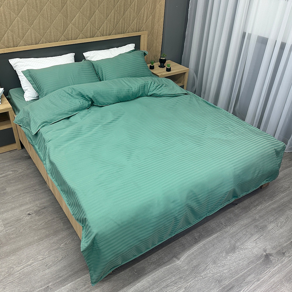 Комплект постельного белья Страйп-сатин Двуспальный 180х220 с простыней на резинке Бирюзовый (88-098) Киев - изображение 2