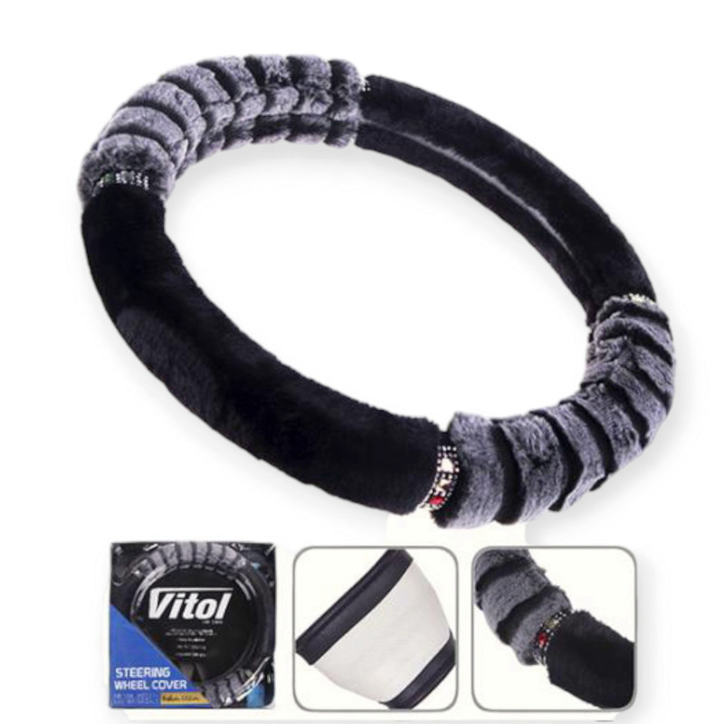 Чехол руля m кожзам (37 - 39 см) меховый серый, 2 черных меховых вставки белая основа Мукачево - изображение 1