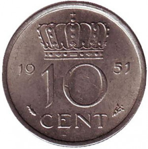 Монета 10 центів. 1951 рік, Нідерланди. Полтава - фото 1