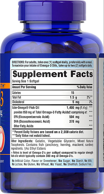 Омега-3 Puritan's Pride Omega-3 Fish Oil Triple Strength 1400 mg 90 Softgels Луцк - изображение 2