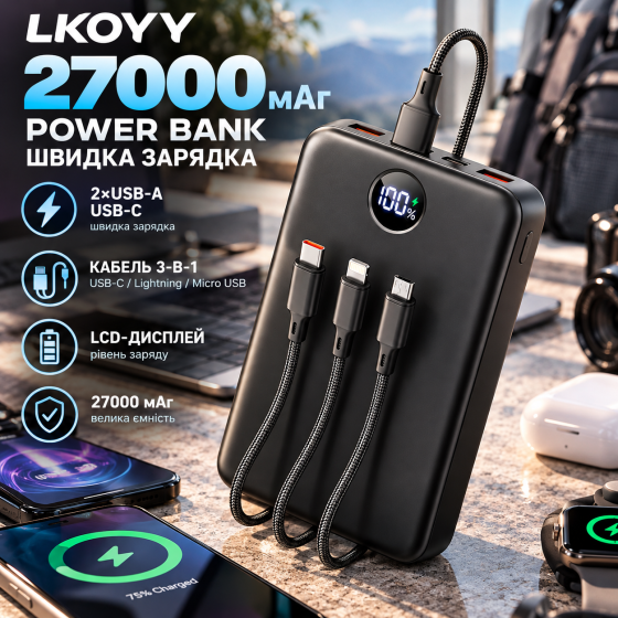 Power Bank LKOYY 27000 мАг, швидка зарядка, USB-C, 2×USB-A, LCD-дисплей, кабель 3-в-1, чорний Київ