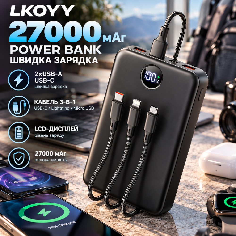 Power Bank LKOYY 27000 мАг, швидка зарядка, USB-C, 2×USB-A, LCD-дисплей, кабель 3-в-1, чорний Київ - фото 1
