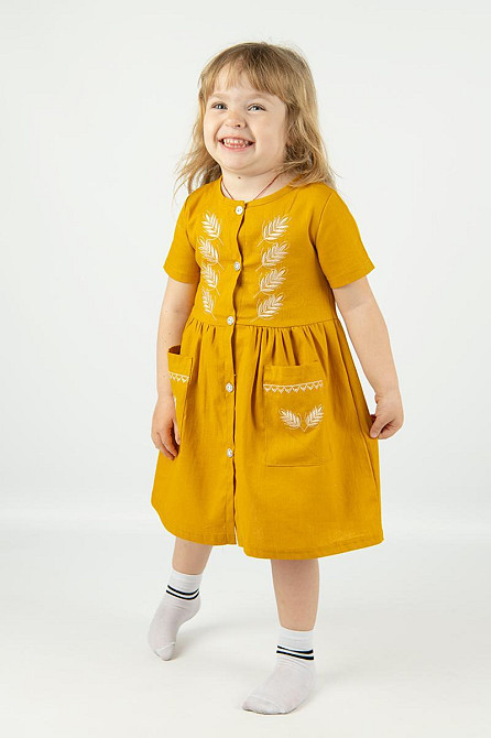 Платье для девочек, летнее льняное с вышивкой, горчичное топ Киев - изображение 2