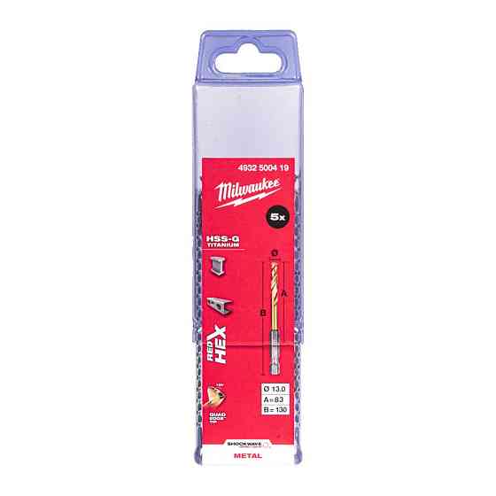 Свердло по металу RedHEX SHOCKWAVE HSS-TiN MILWAUKEE, діаметр 13,0х130х83мм, (5шт), пластикова коробка Одеса