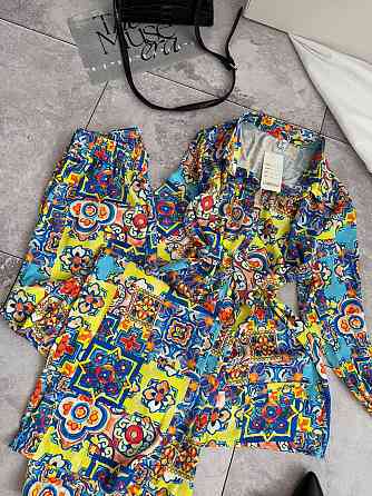 Женский легкий принтованный костюм двойка турецкий шелк Желтый, 46/48 Одесса