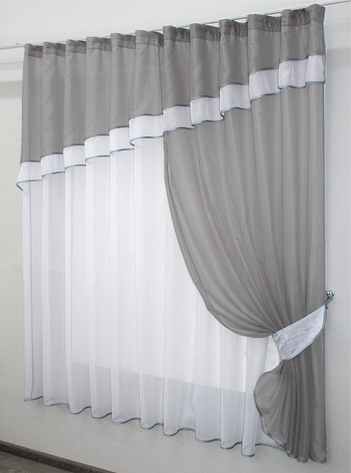 Кухонна занавіска VR-Textil № 018к штора і тюль з ламбрекеном сірий з білим 270х170 см (50-218) Киев - изображение 2