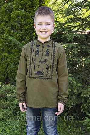 Вышиванка для мальчиков с длинным рукавом льняная, хаки, вышиванки подростковые лён 146 Киев