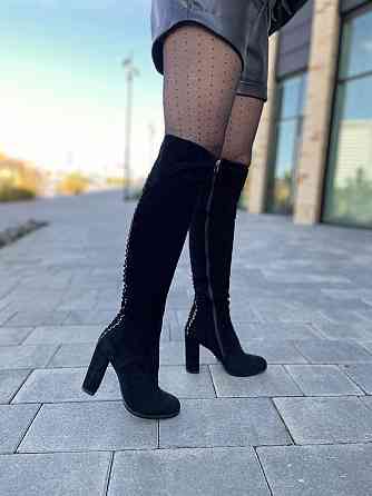Ботфорти жіночі чорні з еко-замші на підборах весна-осінь демісезонні F736-T276-1 р. 37-38 38 Коломия