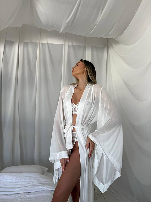Сексуальный прозрачный халат с широкими длинными рукавами в сеточку эротический длинный с поясом белый M Одесса - изображение 4
