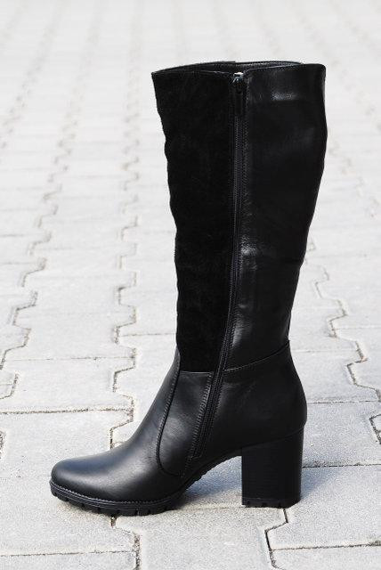 Чоботи жіночі ARLETT чорні шкіра+замша натуральна висота 33см обхват гомілки 37-40см каблук 7см Коломия - фото 5