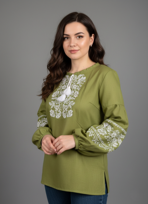 Вишиванка на домотканному оливковому полотні з білим квітковим орнаментом 52 Київ - фото 1