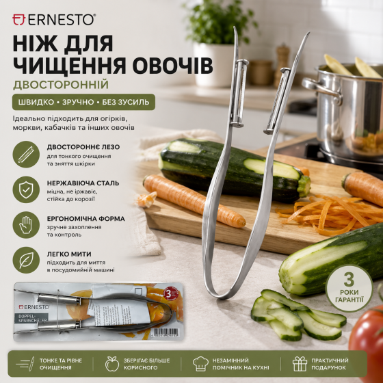 Ніж для чищення овочів ERNESTO LID-10021 двосторонній, овочечистка з нержавіючої сталі, для огірків, моркви та кабачків Київ