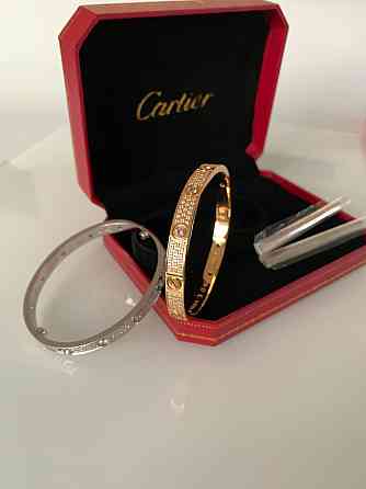 Cartier браслет love з викруткою (з дрібним цирконієм) лимонне золото, біле золото / Cartier браслет із камінням Одеса