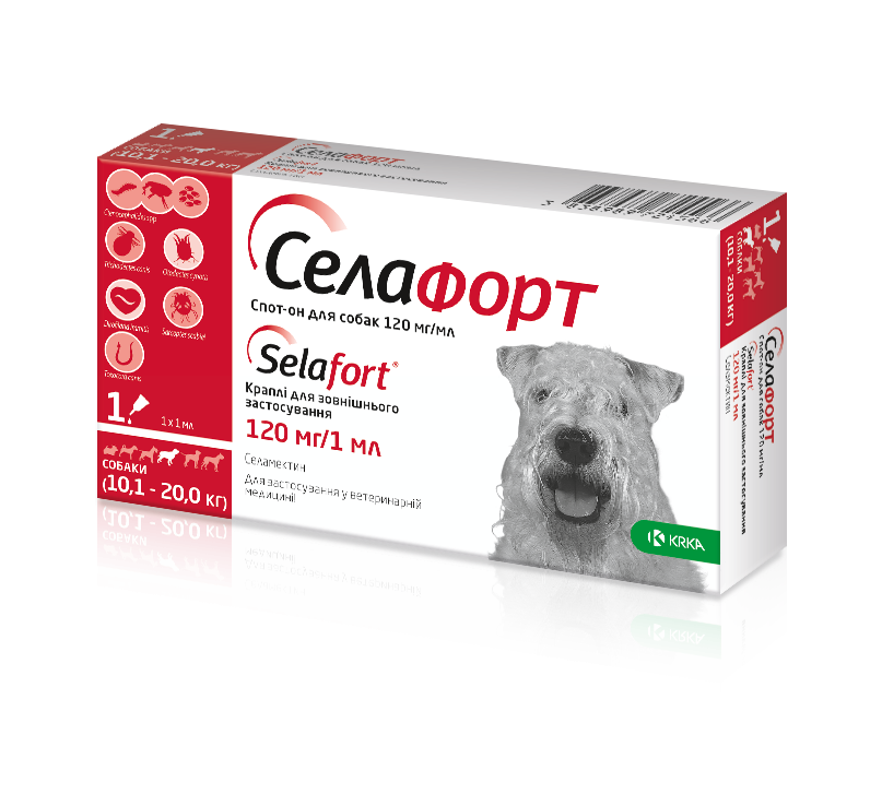 Капли KRKA Селафорт от блох, клещей и гельминтов для собак весом 10.1-20 кг, 1 пипетка Киев - изображение 1