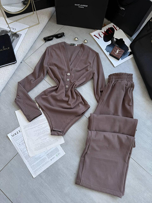 Женский базовый костюм двойка: боди и брюки из ангоры рубчик Мокко, 48/50 Одесса - изображение 1