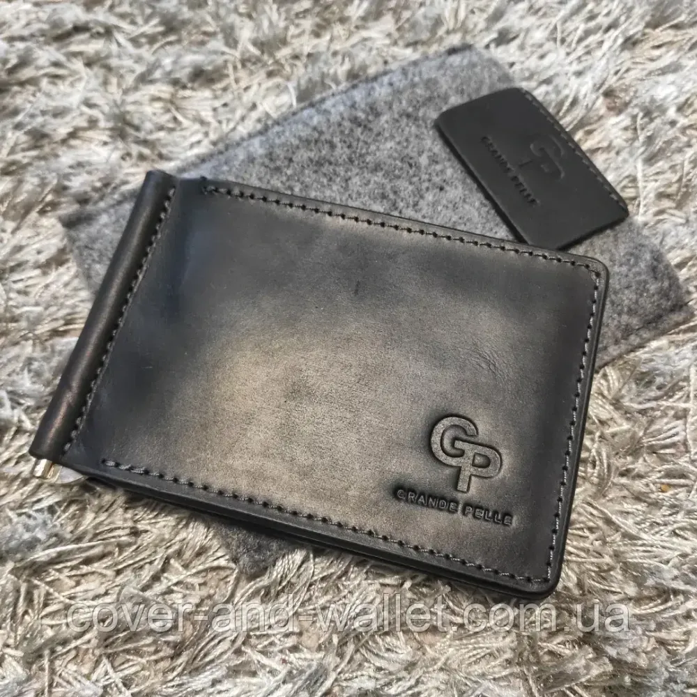 Тонкий затискач для купюр та карток чорного кольору з натуральної шкіри Grande Pelle Onda Київ - фото 9