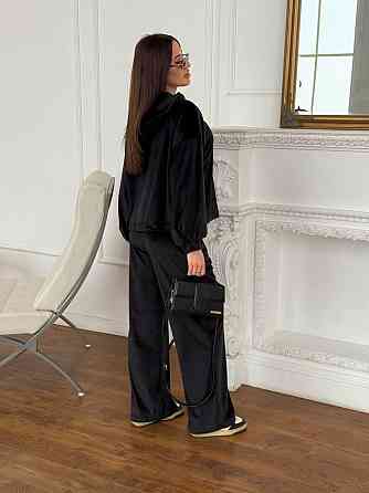 Женский повседневный костюм тройка: кофта, топ и брюки велюр Черный, 48/52 Одесса