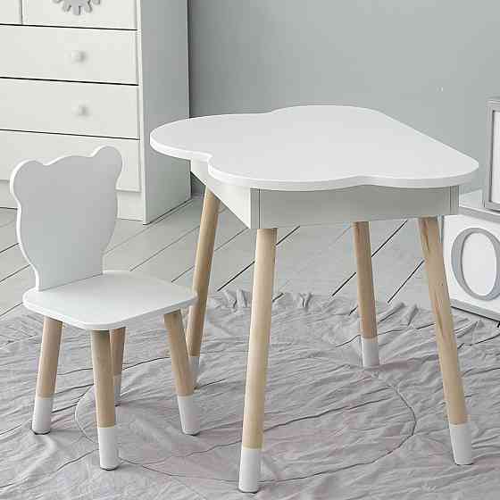 Столик хмаринка з нішею для речей 54х68х50 і стільчик спинка в формі медведика 26х26х24, стіл та стілець в дитячу кімнату, білий Київ