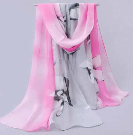 Женский шарфик с цветами, розовый + серый - размер шарфика приблизительно 150*48см, шифон Киев - изображение 1