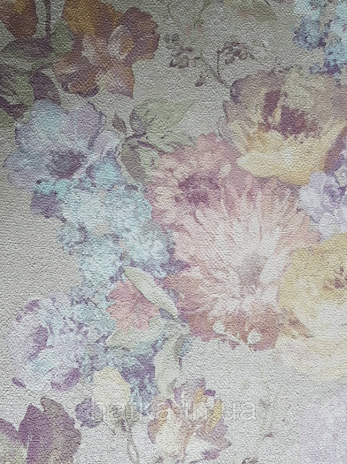 Шпалери вінілові на флізелін GranDeco Dorina метрові квіти великі кремові бузкові на сіро бежевому срібло Київ - фото 3
