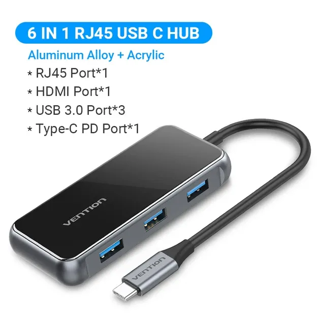 Док-станция USB 3.1 Type-C --> HDMI 4K60Hz/USB 3.0х3/RJ45/PD 87W 6-in-1 Mirrored Surface Vention Киев - изображение 1