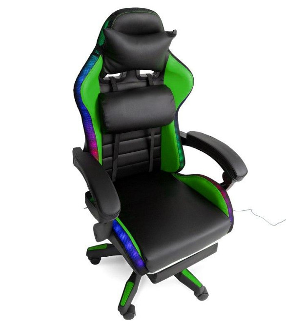 Крісло геймерське комп'ютерне з підсвіткою ігрове ергономічне посилене з функцією масажу та підставкою для Синій Львів - фото 2