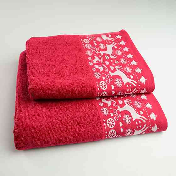 Комплект махровых полотенец Новогодние Merry Christmas Олени 2шт GM Textile 50х90см, 70х140см 500г/м2 (Красный) Сумы