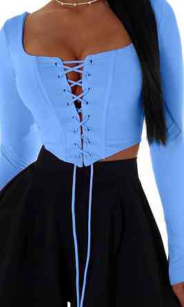 Стильний жіночий топ зі шнурівкою на декольте OSплотний мікродайвінг Блакитний, 54/56 Одеса