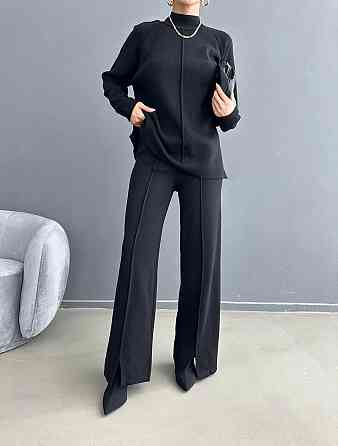Женский базовый теплый брючный костюм двойка: свитер и штаны машинная вязка Черный Одесса