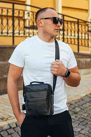 Сумка через плече з натуральної шкіри 22х24х6 / месенджер для активного чоловіка, чорний Київ