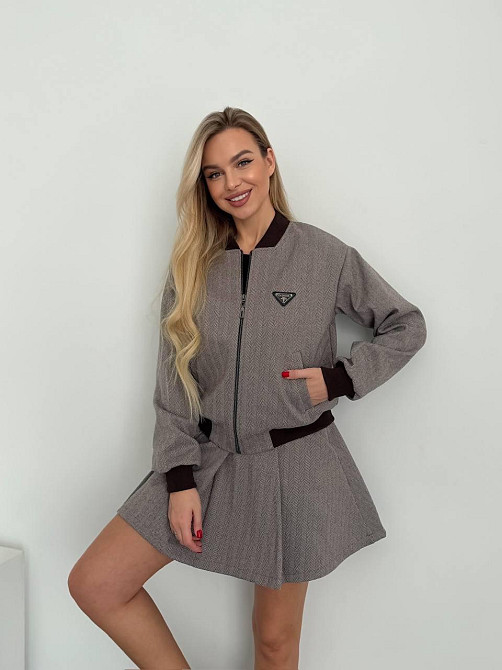 Женский стильный костюм двойка: бомбер на подкладке + юбка - шорты кашемир Капучино, 48 Одесса - изображение 1