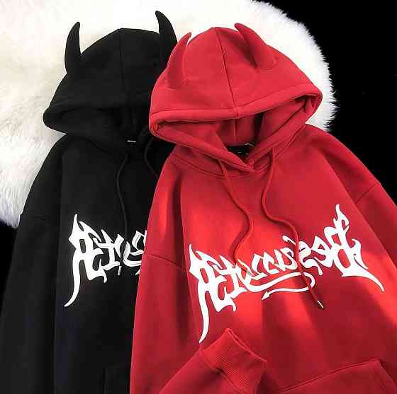 Жіночий затишний і теплий худі оверсайз із ріжками тринитка на флісі Чорний Одеса