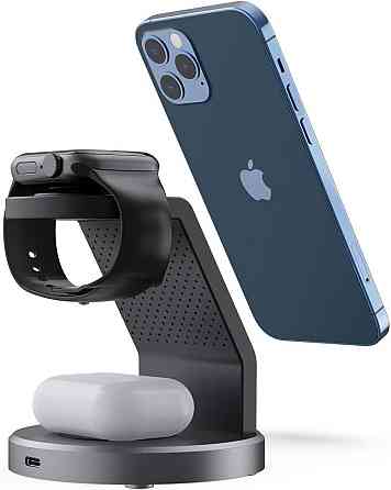 Магнітна зарядна док-станція СтенД 3в1 W11AP-23W Lightning для телефона годинника та навушників Чорний Київ