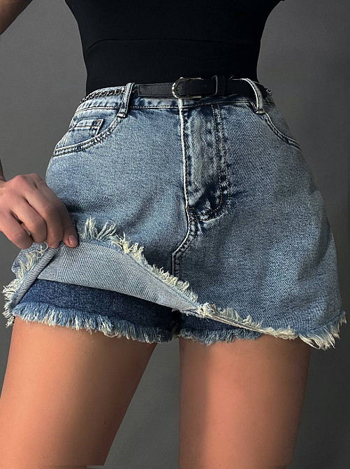 Шорты юбка женские джинсовые Vanver 8103 с бахромой короткие пояс-цепь голубые, голубой, 27, 27, 74 см, 106 см Киев - изображение 11