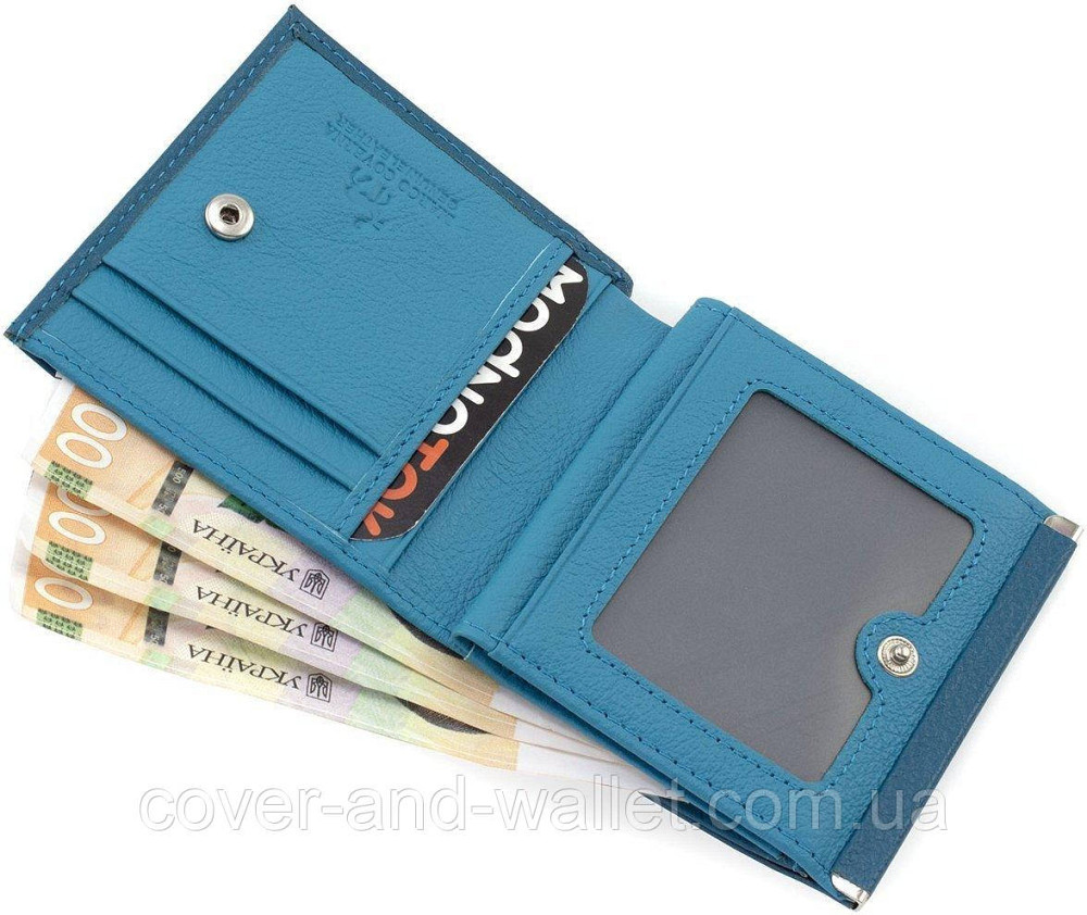 Голубой женский кожаный кошелек маленького размера на кнопке Marco Coverna MC 1420 Синий Киев - изображение 4