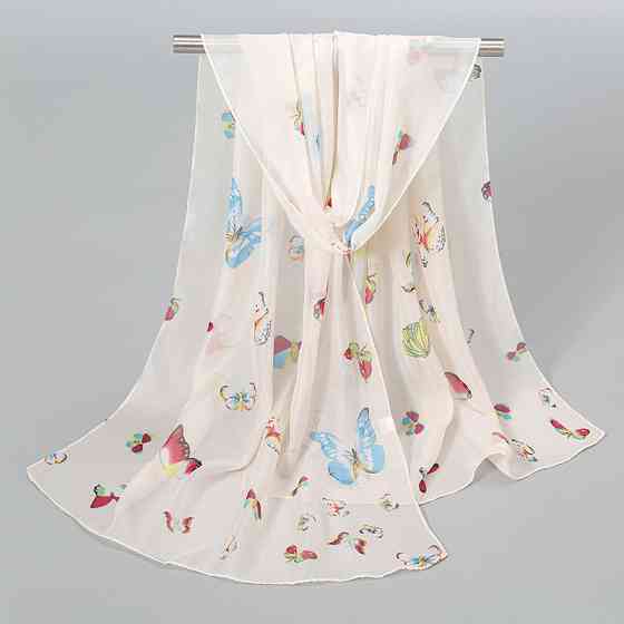 Женский шифоновый шарфик с принтом бабочек 145 на 48 см бежевый Киев