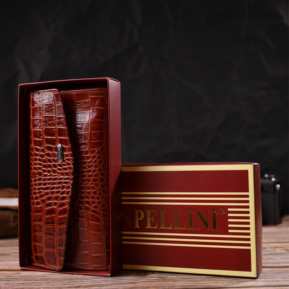 Женское портмоне из лакированной натуральной кожи с тиснением под крокодила CANPELLINI 21704 Коричневое Киев - изображение 10