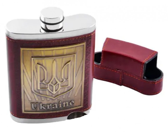 Фляга у чохлі з нержавіючої сталі обтягнута шкірою Герб України 280 мл Вінниця - фото 2