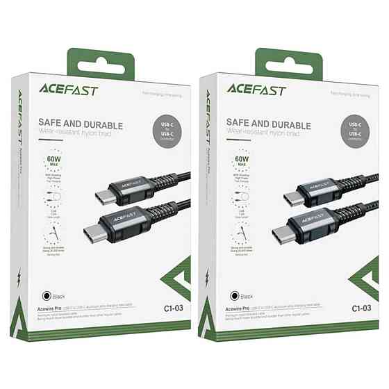 Кабель ACEFAST C1-03 Type-C to Type-C 3A, 1.2m, nylon, aluminum connectors, Black Київ