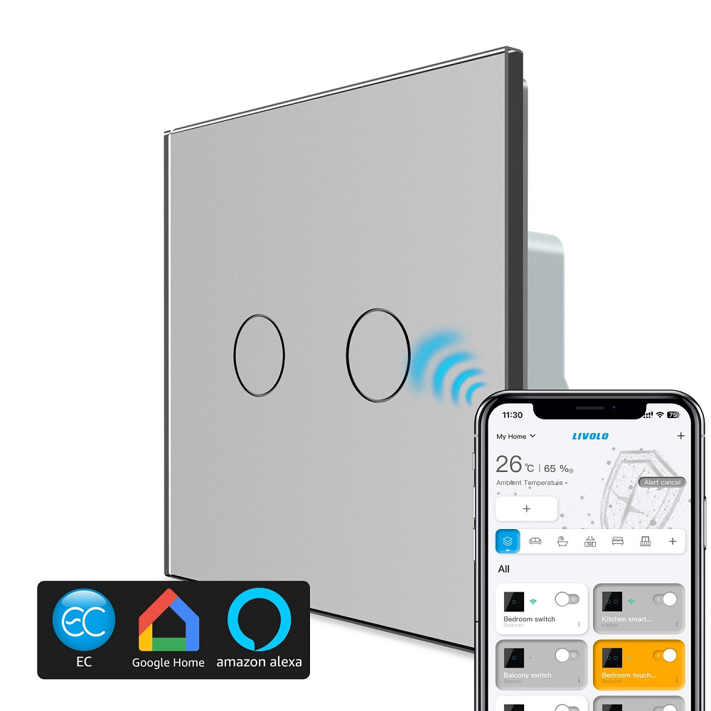 LIVOLO Розумний сенсорний ZigBee вимикач 2 сенсора Livolo сірий скло (VL-C702Z-15) Коломыя - изображение 1