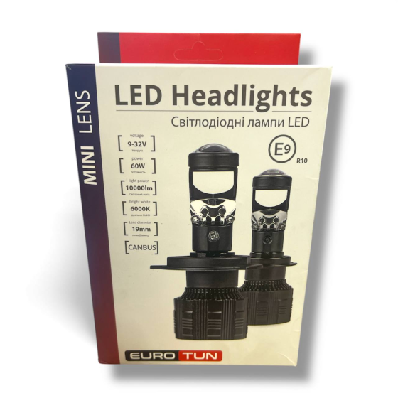 Светодиодные LED лампы EuroTun Mini Lens H4 60W 6000K 10000lm CANBUS Киев