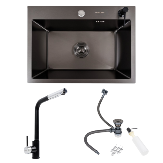Кухонний комплект: Мийка Valeso Handmade (58x43 см) PVD чорна + Змішувач Q411MB Коломия