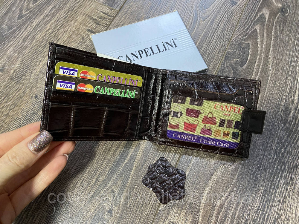 Маленький чоловічий гаманець із натуральної шкіри коричневого кольору під крокодила Сanpellini Київ - фото 9