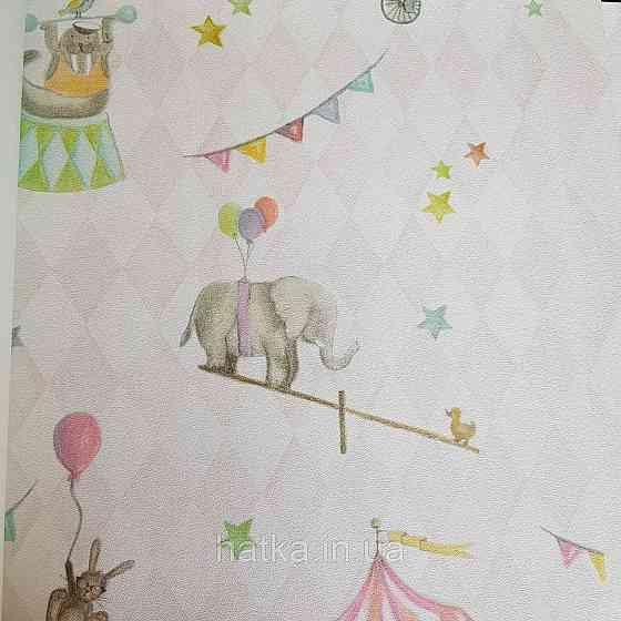 Флізелінові шпалери дитячі BN Doodleedo 0,53 х 10 м цирк тварини слони зайці птиці повітряні кулі рожеві Київ