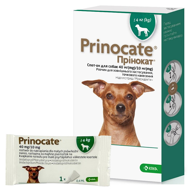 Крапли Принокат (Prinocate) для собак от внешних и внутренних паразитов до 4 кг (1 пипетка 0,4 мл) KRKA срок до 01.26 Винница - изображение 1