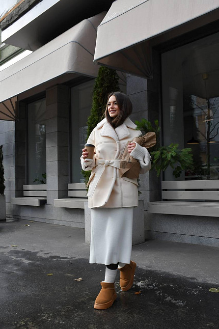 Женская стильная двубортная дубленка под пояс Молочный, 44/46 Одесса - изображение 5