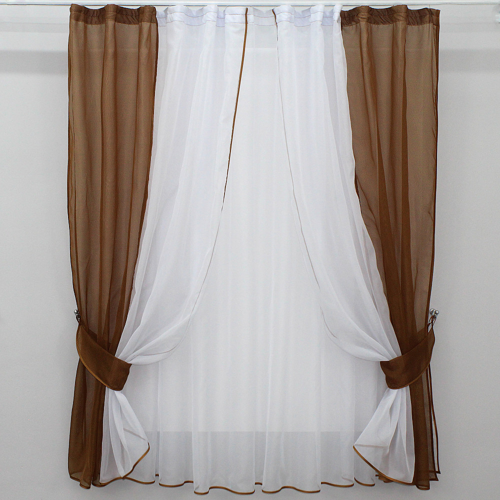 Кухонний комплект VR-Textil № 038к шторки і тюль коричневий з білим 280х170 см (50-325) Київ - фото 1
